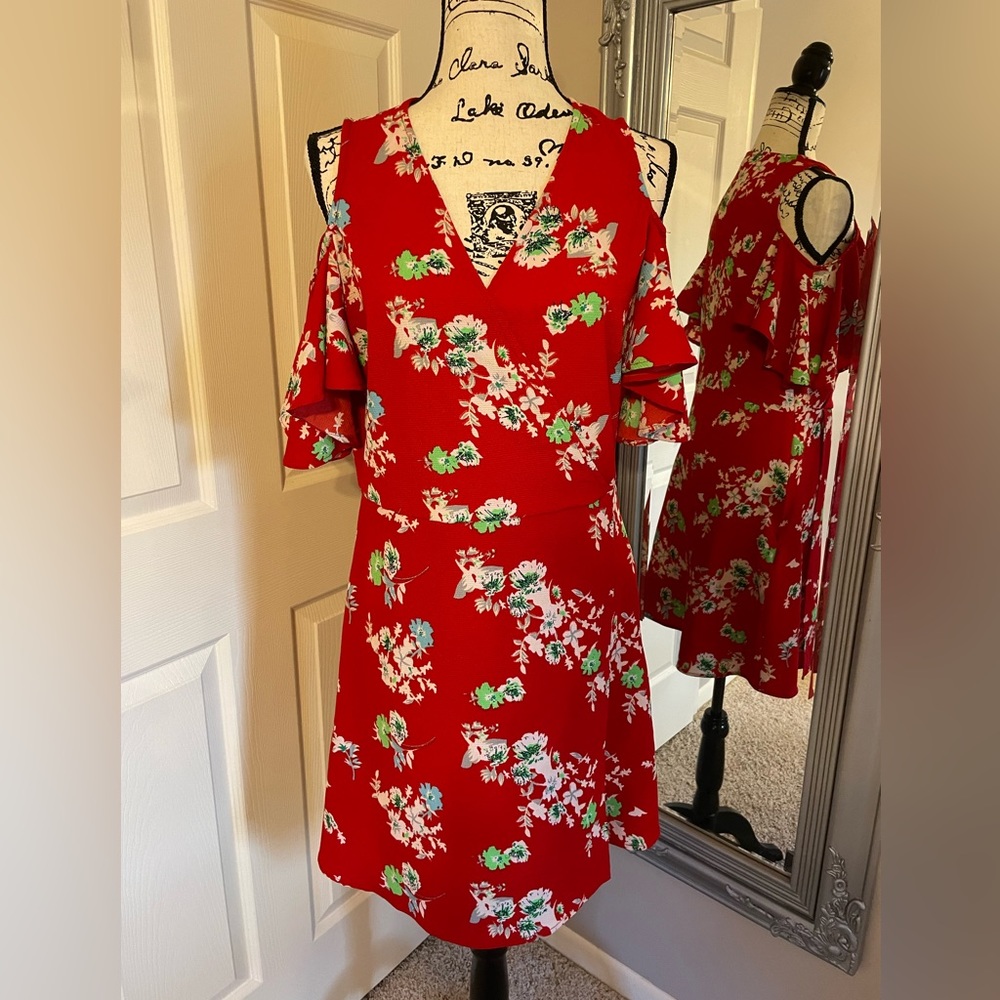 Red floral, cold shoulder dress